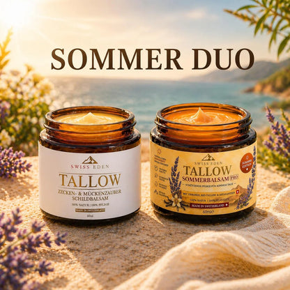wiss Eden Sommer Duo mit Tallow Sommerbalsam PRO und Zecken & Mückenzauber Schildbalsam aus Schweizer BIO-Tallow