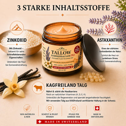 Die drei Hauptinhaltsstoffe des Swiss Eden Tallow Sommerbalsam PRO: Zinkoxid, Astaxanthin und KAGfreiland BIO-Tallow aus der Schweiz