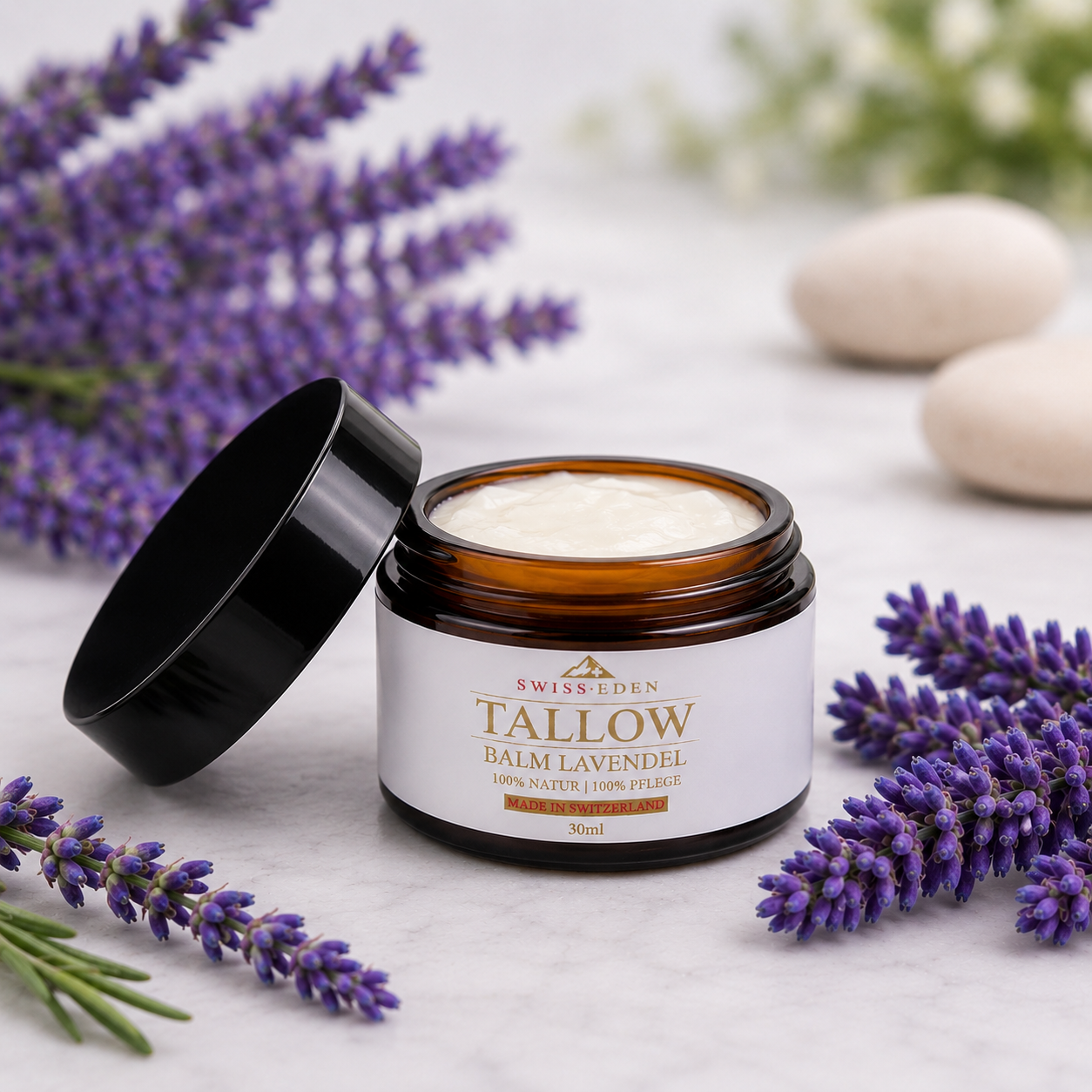 Swiss Eden Tallow Balm Lavendel 30ml – Natürliche Hautpflege mit KAGfreiland Bio-Rindertalg und Lavendelöl, handgefertigt in der Schweiz.