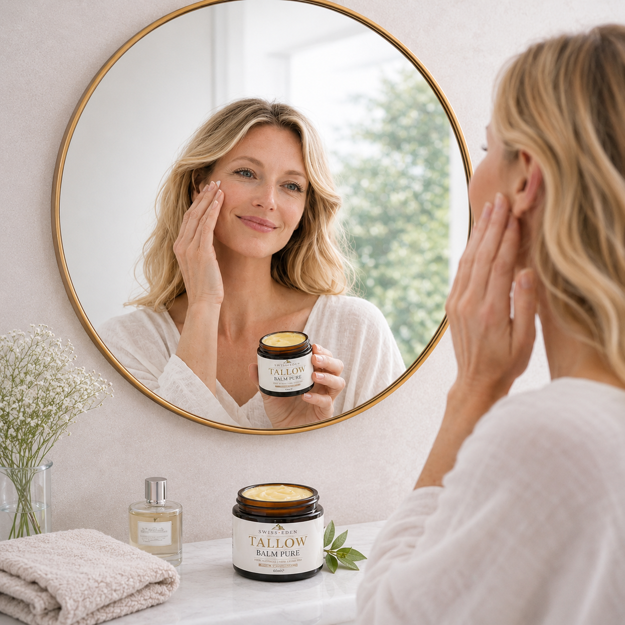 Frau pflegt ihre Haut vor dem Spiegel mit Swiss Eden Tallow Balm Lavendel aus Schweizer BIO Rindertalg