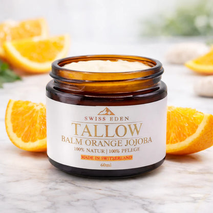 Swiss Eden Tallow Orange & Jojoba mit KAGfreiland BIO Tallow, Jojobaöl und natürlichem Orangenöl aus der Schweiz.
