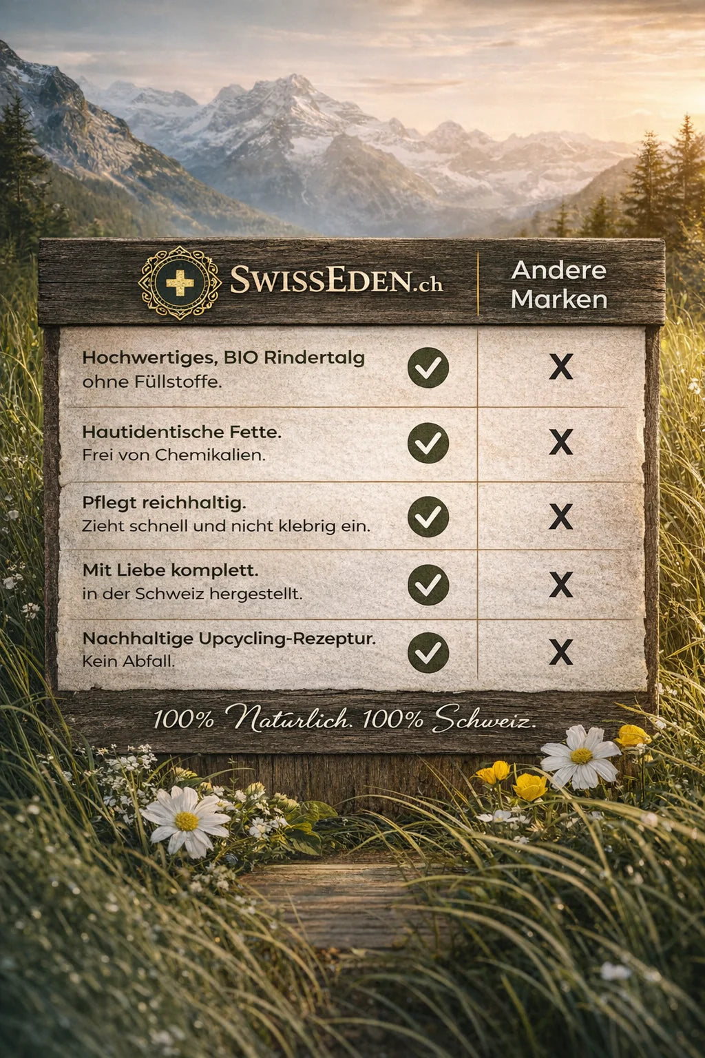 Swiss Eden Tallow Orange & Jojoba mit KAGfreiland BIO Tallow aus der Schweiz – natürlicher Vergleich zu herkömmlicher Hautpflege.