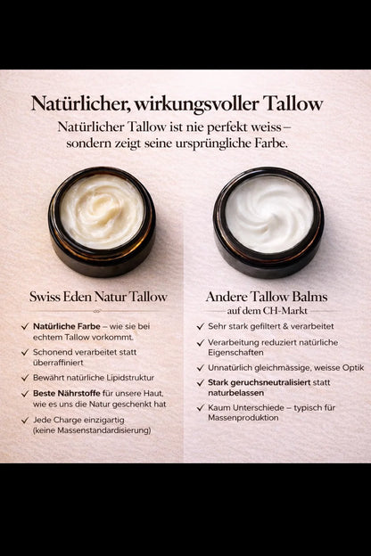 Vergleich von natürlichem Swiss Eden Tallow Orange & Jojoba mit stark verarbeitetem und gefiltertem Tallow.