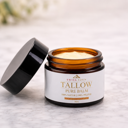 Swiss Eden Tallow Pure Balm 30ml aus Schweizer BIO-Rindertalg im flachen Braunglas-Tiegel – natürliche Hautpflege für Gesicht, Hände und Körper.