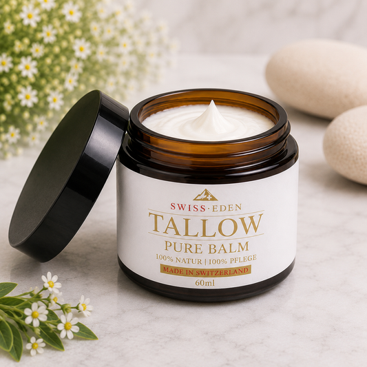 Swiss Eden Tallow Pure Balm 60ml im Braunglastiegel mit Bio-Rindertalg aus der Schweiz auf hellem Marmorboden mit natürlicher Pflegecreme und dekorativen Steinen im Hintergrund.