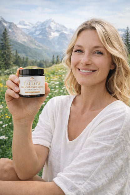 Frau mit Swiss Eden Tallow Pure aus KAGfreiland BIO Tallow vor Schweizer Alpenlandschaft.
