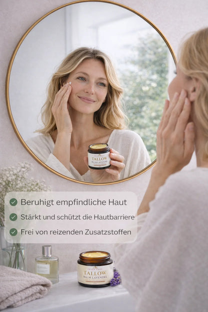 Anwendung von Swiss Eden Tallow Pure zur Pflege trockener Haut und Unterstützung der natürlichen Hautbarriere.