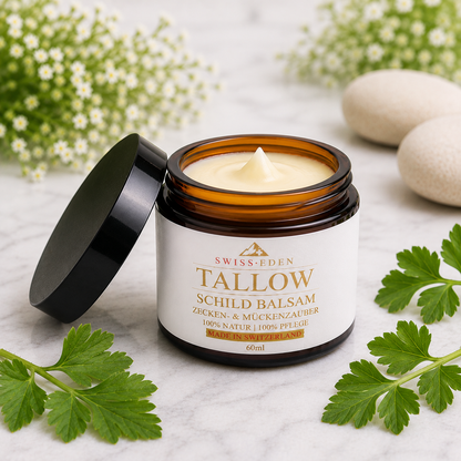 Swiss Eden Tallow Schildbalsam 60ml – natürlicher Zecken- und Mückenschutz mit Talg, Kokosöl und ätherischen Ölen für die tägliche Pflege.