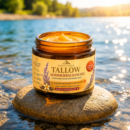 Swiss Eden Tallow Sommerbalsam PRO 60ml am See – natürliche Hautpflege mit KAGfreiland Bio-Tallow, Zinkoxid und Astaxanthin für sonnige Tage.
