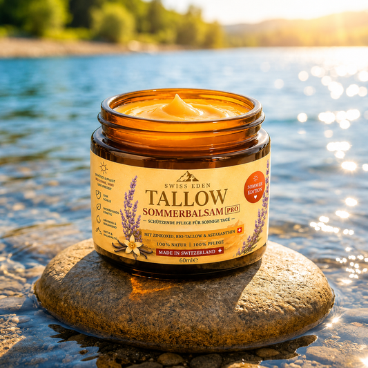 Swiss Eden Tallow Sommerbalsam PRO 60ml am See – natürliche Hautpflege mit KAGfreiland Bio-Tallow, Zinkoxid und Astaxanthin für sonnige Tage.