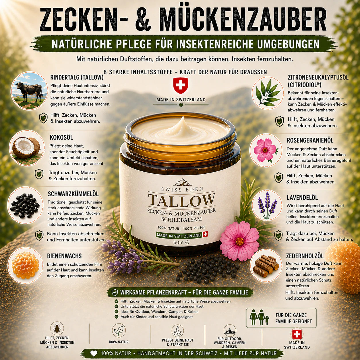 Swiss Eden Zecken & Mückenzauber Schildbalsam mit Citriodiol, Tallow und natürlichen ätherischen Ölen